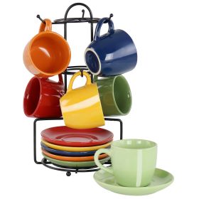 Gibson Home Color Cafe 13 Piece Espresso Mug and Saucer Set with Metal Rack in Assorted Colors