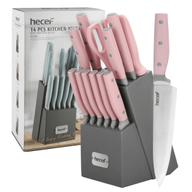 Hecef Kitchen Knife Block Set, 14Pcs High Carbon Stainless Steel Cutlery Knife Set with Sharpener