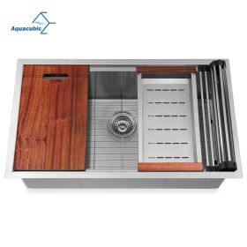 Factory Directly 30 inch or 32 inch  Multi-functional OEM Handmade SUS 304 Stainless Steel Undermount Kitchen Sink Workstation (Straight corner: R0, Thickness: AW3218A1L R0)