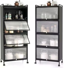 Kitchen Cabinet, Mobile Microwave Stand with Flip-up, Freestanding Bakers Rack with 4 Rolling Casters, 5-Tier Kitchen Cabinet (Color: Black)