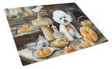 NEW Bichon Frise Fall Kitchen Pumpkins Glass Cutting Board Decorative Tempered Glass Kitchen Cutting and Serving Board Large Size Chopping Board