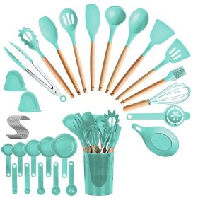 35Pcs Kitchen Cooking Utensils Set Spatula Set Baking Utensil Set Kitchen Accessories Necessities with Holder Egg Whisk Separator Tong Turner Spoons C (Color: Green)